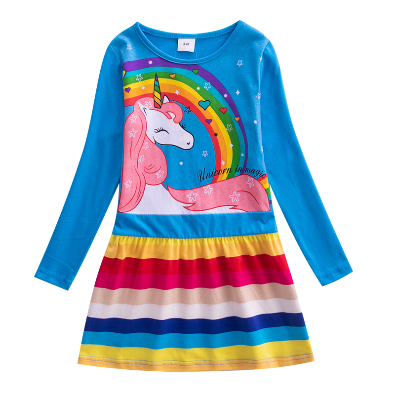 Girls Long Sleeve Star Embroidered Dress Girls Autumn New Style Two Pocket Rainbow Striped Sleeve Cotton Dress LH5809