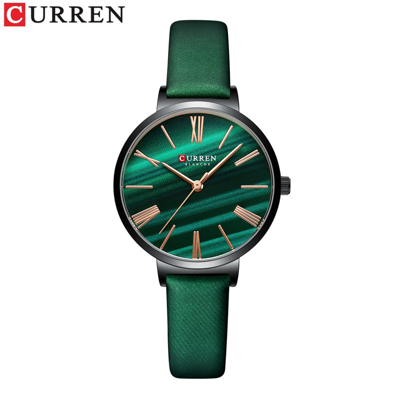 Relojes de lujo de moda CURREN para mujer, reloj de pulsera de cuarzo verde malaquita con reloj de cuero para mujer