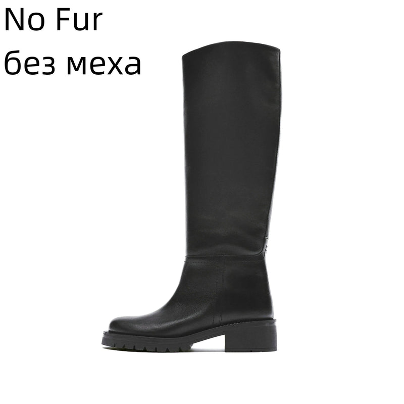 QUTAA INS Fashion Women Knee High Boots Full Cow Leather Warm Flats Thick High Heels Motorcycle Boots Woman Lady Shoes 34-43