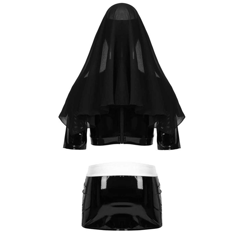 ChicTry Women Adults Sexy Naughty Nun Cosplay Costumes Halloween Roleplay Outfit Crop Top with Mini Bodycon Skirt and Headpiece