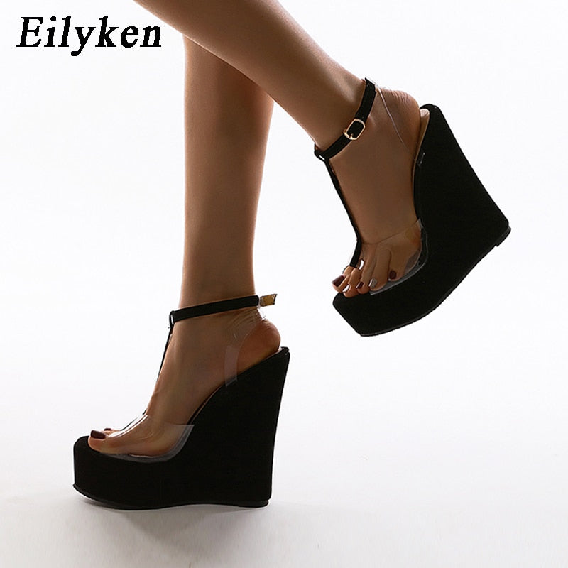 Eilyken, nuevo diseño, sandalias con correa de hebilla en el tobillo, cuñas de plataforma para mujer, tacones altos, zapatos de gelatina transparente de PVC con punta abierta de verano