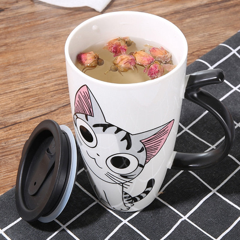 Taza de café de cerámica de gato bonito de 600ml con tapa, tazas de animales de gran capacidad, vasos creativos para beber, tazas de té y café, regalos novedosos, taza de leche