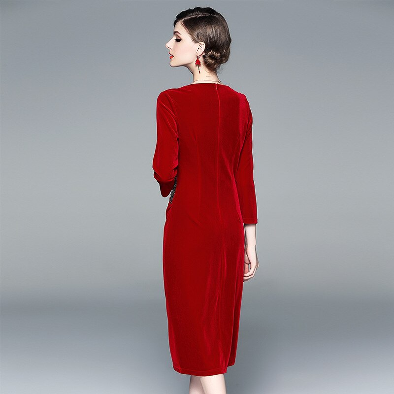 2019 autumn new style ladies velvet beaded slim slimming dress