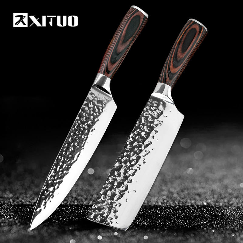 XITUO Kitchen Knives 8&quot; Stainless Steel Chef Knife High Grade 7Cr17 Frozen Meat Cutter Wood Handle Identation blade Cooking Tool