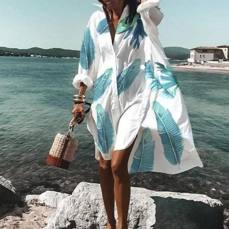 Vestidos de verano 2021 para mujer, vestido informal con estampado de cuello vuelto, camisa de manga larga, vestido holgado de gran tamaño para fiesta en la playa, bata, blusa