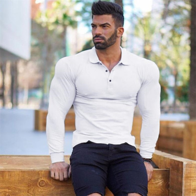 Polos de marca de manga larga para hombre de algodón sólido Fitness para hombre Slim Fit moda otoño transpirable Polo