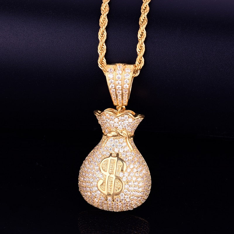 Herren Dollar Bag Anhänger Halskette Goldfarbe Bling Kubikzircon Hip Hop Rock Schmuck