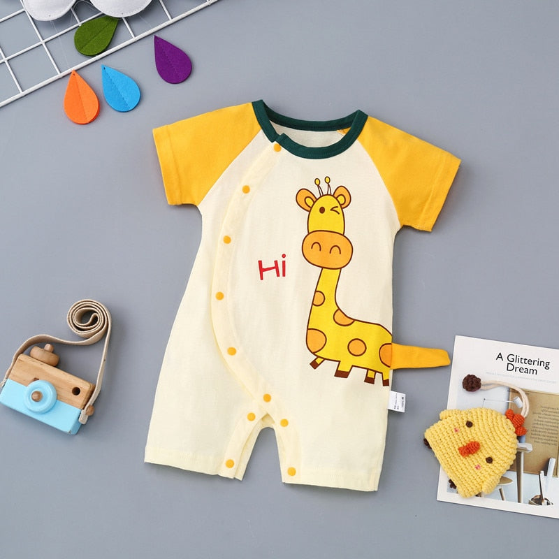 2023 summer baby clothes Casual romper newborn short sleeve cotton cartoon print stripe turn-down Infant baby boys clothing