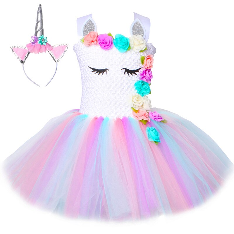 Blumenmädchen Einhorn Tutu Kleid Pastell Regenbogen Prinzessin Mädchen Geburtstag Party Kleid Kinder Kinder Halloween Einhorn Kostüm 1-14 Jahre