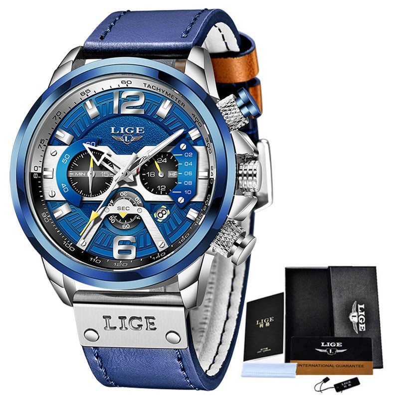 2022 LIGE Men Watches Top Brand Luxury Blue Leather Chronograph Sport Watch For Men Fashion Date Waterproof Clock Reloj Hombre