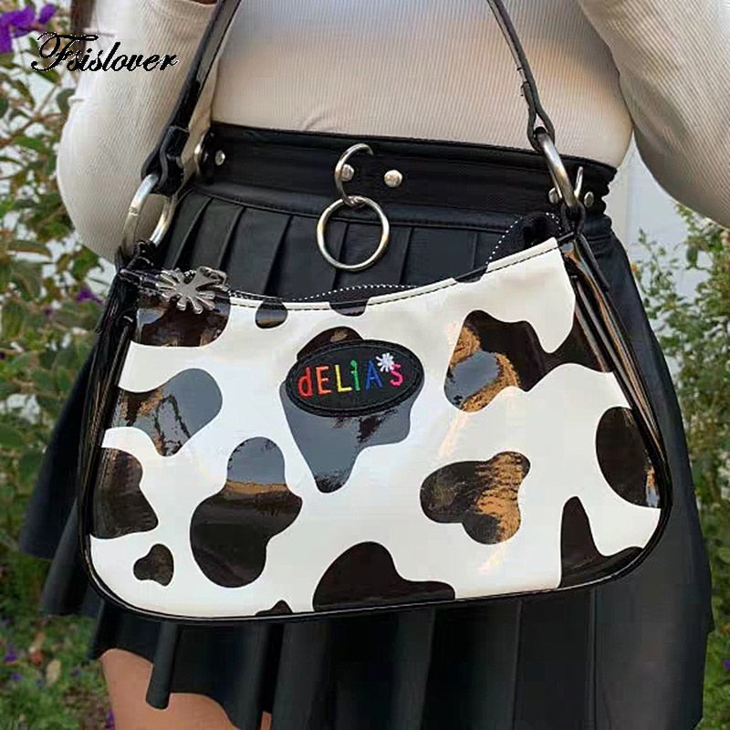 Retro Cow Pattern Women Messenger Handbags sac harajuku PU Leather Street Casual Solid Zipper Shoulder Bags Bolsa Mujer 2020 New