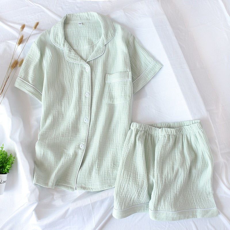 Japanese-style new summer ladies cotton double-layer crepe gauze short-sleeved shorts pajamas suit large size home service women