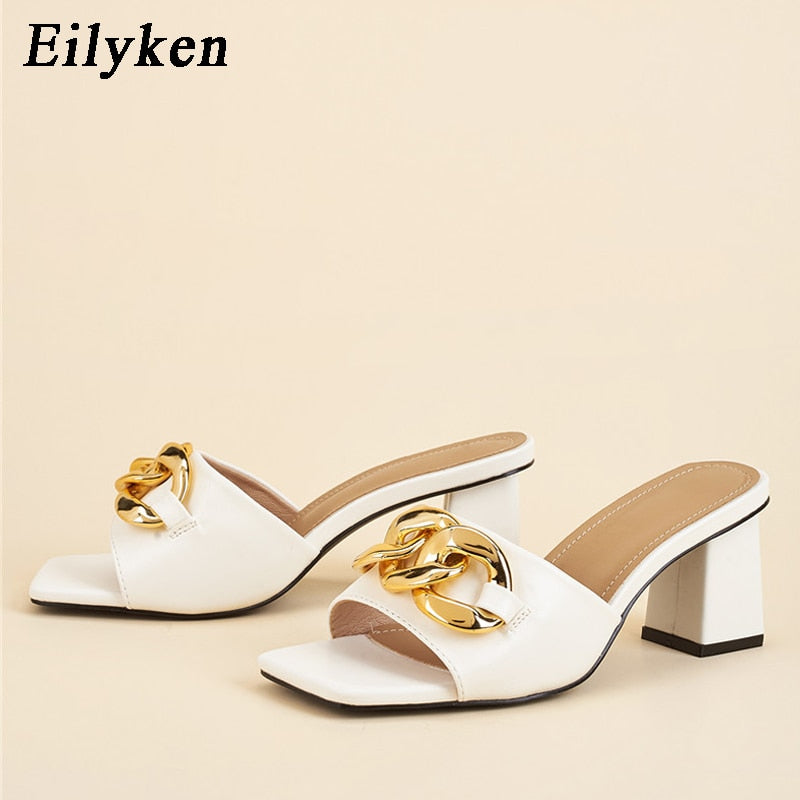 Eilyken verano carnaval fiesta mujer zapatillas moda cadena diseño señoras sandalias gladiador punta abierta tacones cuadrados zapatos mujer