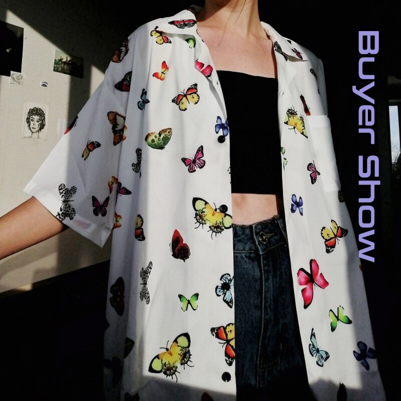 Blusa holgada de manga corta Chic Vitage para mujer, camisa Y2K con estampado de mariposas, camisas con bolsillos abotonadas para mujer, camisetas de verano 2022 Y2K