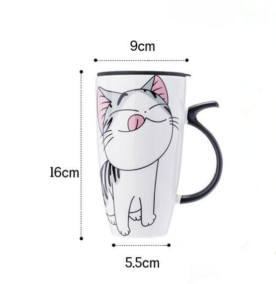 Taza de café de cerámica de gato bonito de 600ml con tapa, tazas de animales de gran capacidad, vasos creativos para beber, tazas de té y café, regalos novedosos, taza de leche