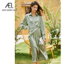AEL Robenkleid aus Satin zum Schnüren, lässige, lockere Damen, einreihiges, langes Hemdkleid