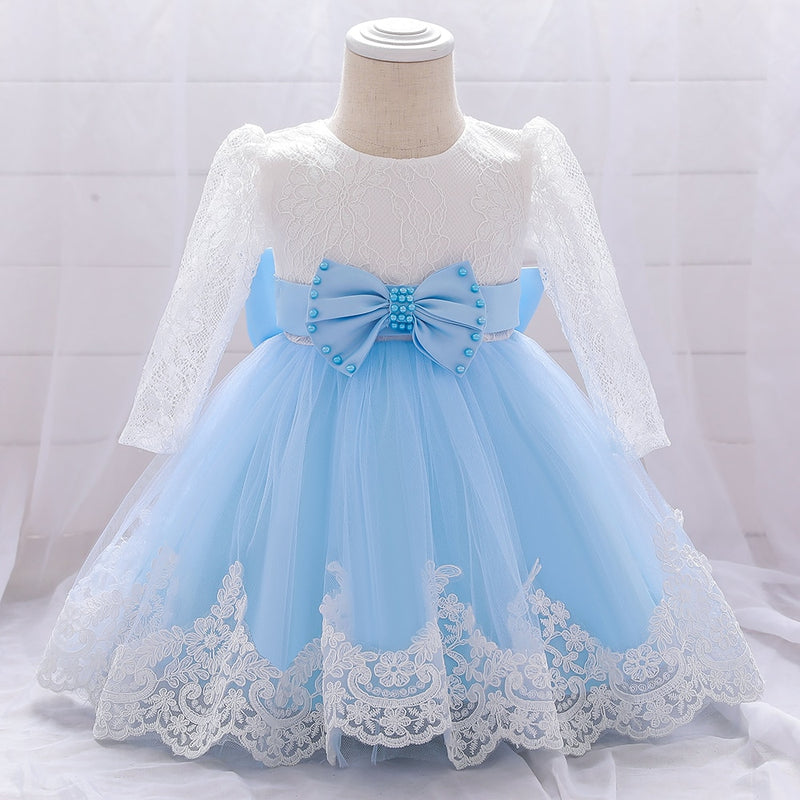 Infant Baby Girl Dress Bow Lace Long Sleeve 1st Birthday Baptism Dress for Girls Flower Party Wedding Dresses Baby Girl Clothes