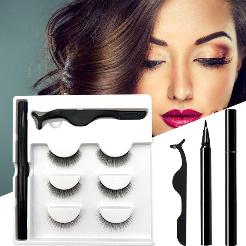 3 Pairs Magic False Eyelash Set With No Glue No Magnet Magic Eyeliner Magnetic Eyelashes Set Lashes Kit Makeup Tools