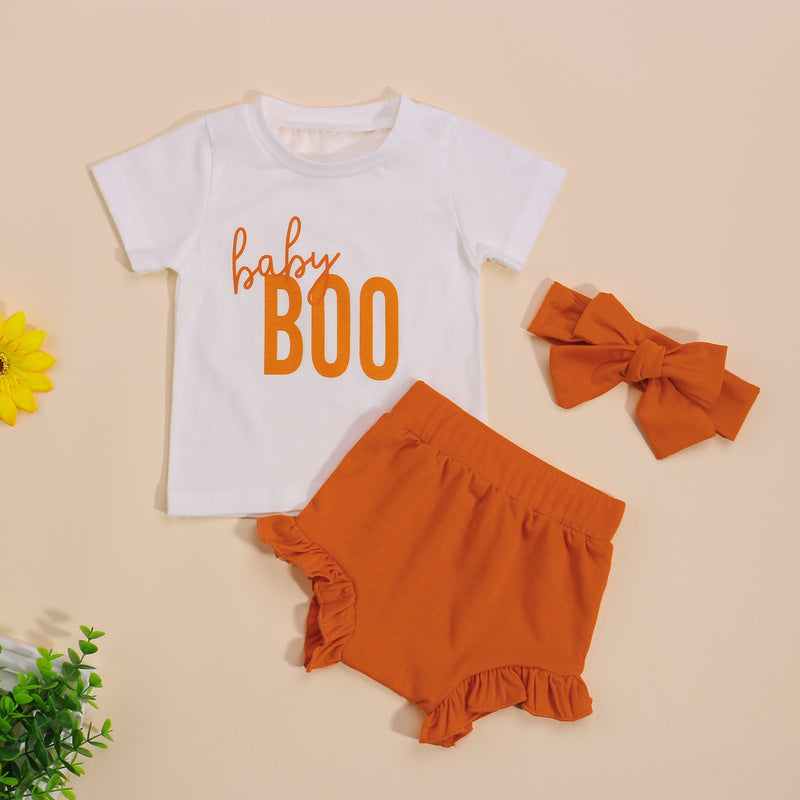 2021-06-04 Lioraitiin 0-3Years Toddler Baby Girl 3Pcs Halloween Outfits Short Sleeve Letter Print Tops Ruffle Shorts Headband