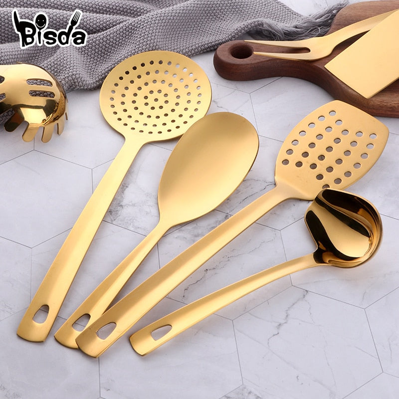 4/12pcs Stainless Steel Kitchen Utensils Gold Cooking Tool Long Serving Sets Scoop Spoon Fork Turner Ladle Cake Shovel