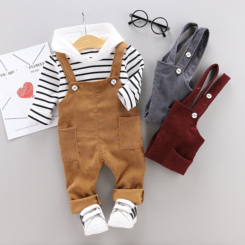 Spring Autumn Baby Boys Girls Clothes Infant Cotton Striped T Shirt Bib Pants 2pcs/sets Kids Garment Children Casual Sport Suit
