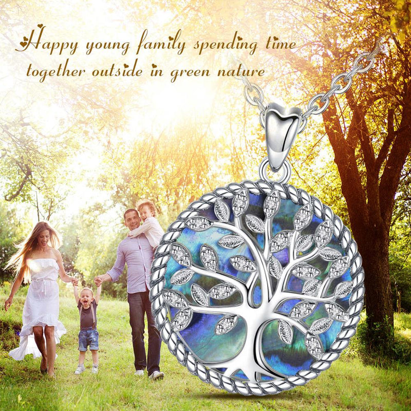 EUDORA 925 Sterling Silver Tree Of Life Pendant Crystal Leaf Blue Mother of Pearl Necklace Women Fine Jewelry Gift with Box D170