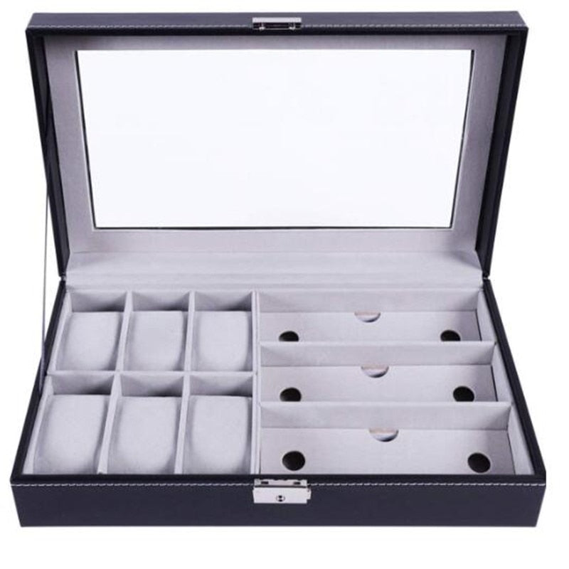 6/6 + 3/8 + 2 Gitter Aufbewahrung Uhrenbox 8/10/12 Gitter PU-Leder Uhrenhalter Organizer für Quarzuhr Schmuckschatullen Display Geschenk