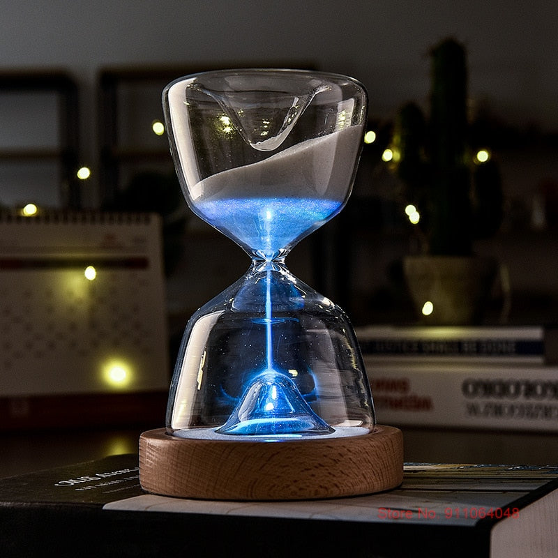 Reloj de arena de cristal con Control remoto luminoso, temporizador de 15 minutos, letras láser personalizadas, fondo de madera, luz nocturna, reloj de arena