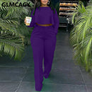 Women Two Piece Casual Suits Long Sleeve Dip Hem Crop Top Shirt &amp; Loose Pants Set