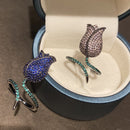 Bilincolor Fashion Trendy Cubic Zircon Royal Blue Flower Rose Adjustable Open Ring for Women