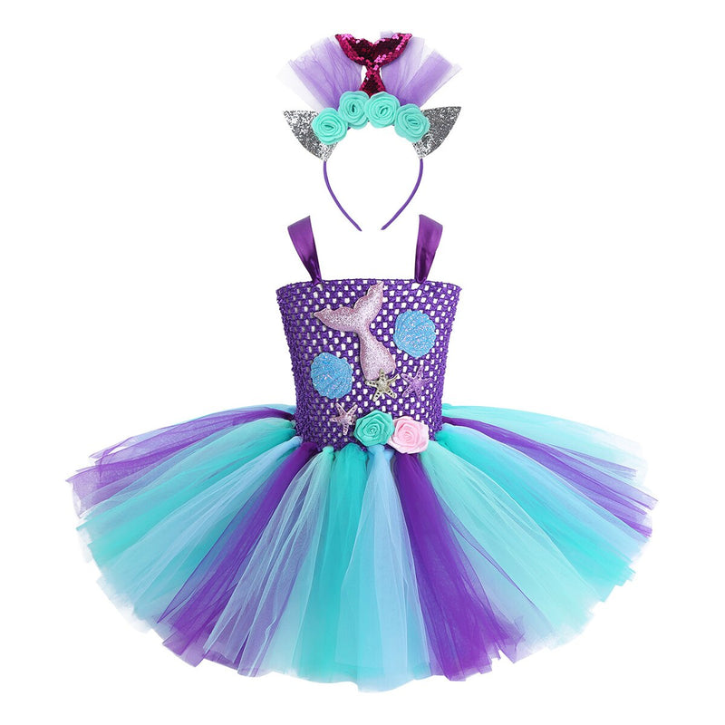 Niños Niñas sirena princesa vestido sin mangas malla tutú 3D flor pelo aro conjunto niños Halloween tema Fiesta Cosplay disfraz