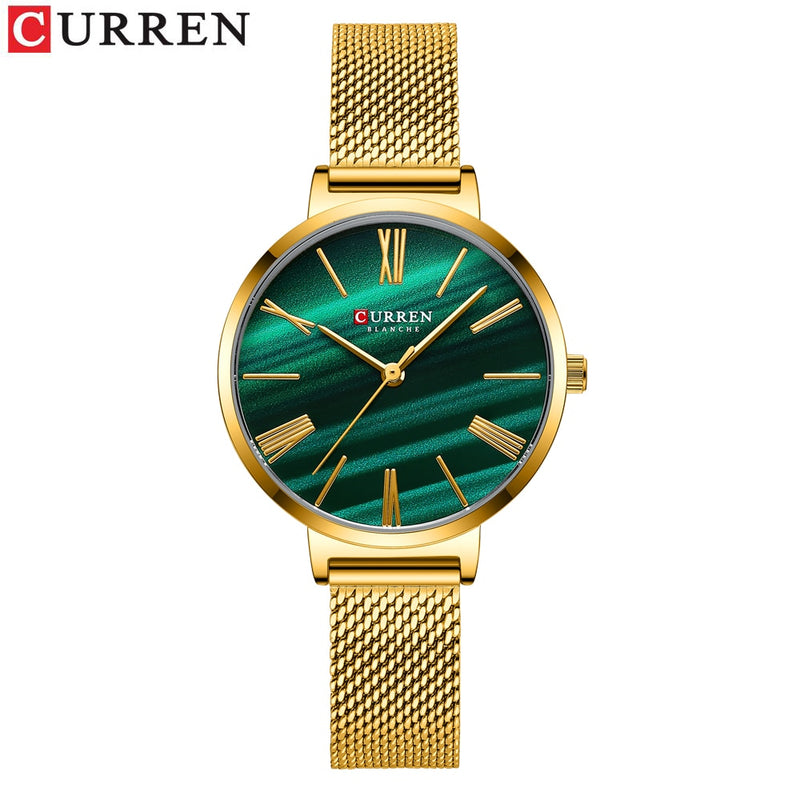 Relojes de lujo de moda CURREN para mujer, reloj de pulsera de cuarzo verde malaquita con reloj de cuero para mujer