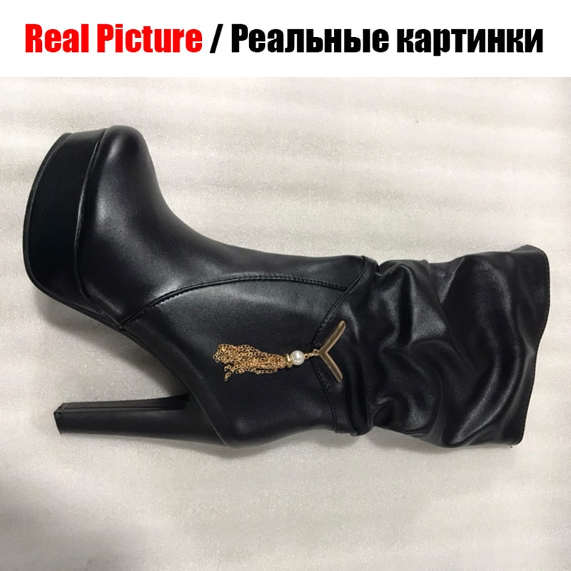 Big Size 34-43 Elegant Black Pleated mid-calf Boots Women 2020 Platform Boots Ladies slip-on High Heels Shoes Woman