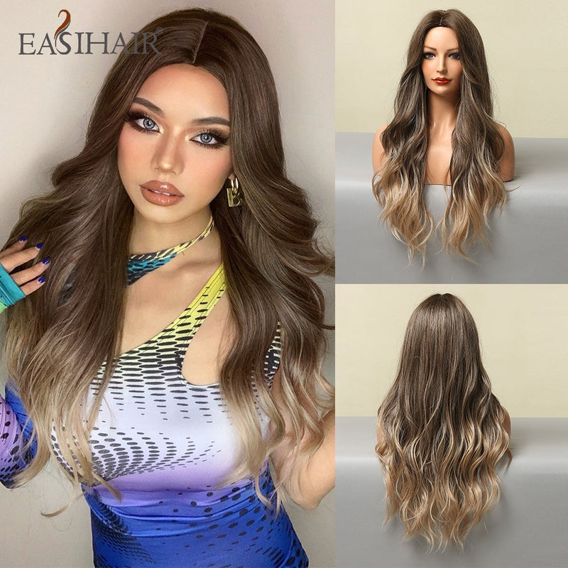 Pelucas EASIHAIR de color marrón claro con ondas de cuerpo largo y reflejos rubios, pelucas de pelo sintético resistentes al calor para Cosplay de parte media para mujeres