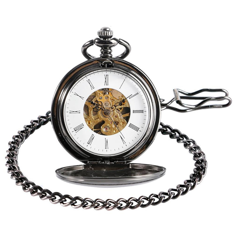 Reloj de bolsillo mecánico Vintage con números romanos lisos de lujo, reloj Steampunk de cuerda manual para hombre, reloj FOB con cadena de gancho
