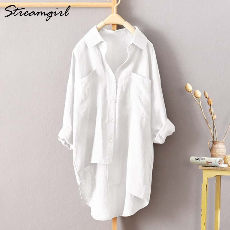 White Linen Shirt Women Long Sleeve Autumn Work Wear White Shirt Linen Blouse Female Women&#39;s Blouse Women&#39;s Shirts With Pocket