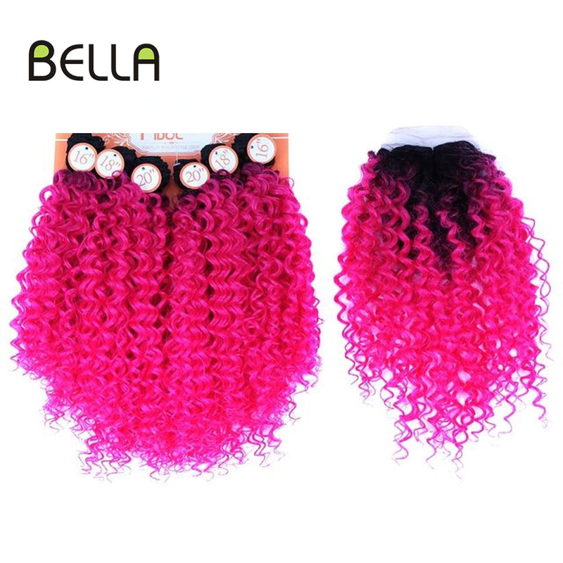 Bella Afro Kinky Curly Synthetic Hair 6 Bundles With 1Closure 7pcs/Lot Ombre Color 16-20 inch Kinky Curly Bundles Hair Extension