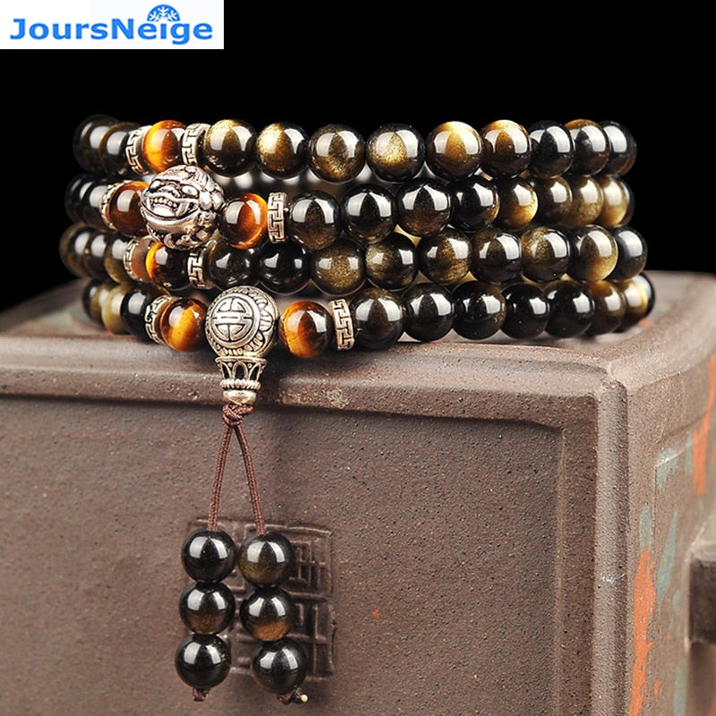 Men Bracelet Natural Golden Black Obsidian Bead Tibetan Silver Pixiu Bracelet Yellow Tiger Stone Bracelets Men Jewelry