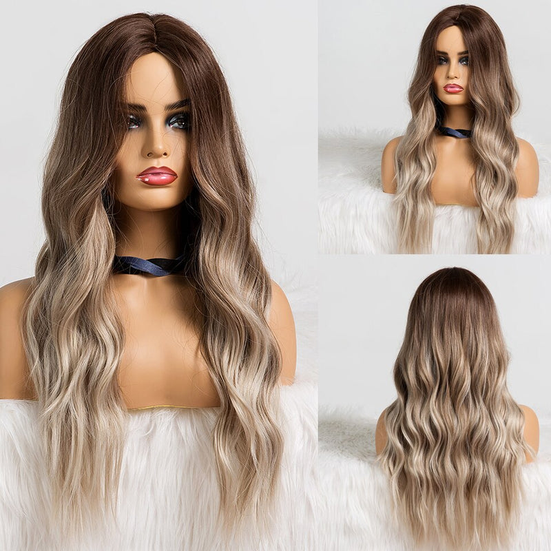 GEMMA Long Wavy Natural Middle Part Synthetic Wig Women Fake Hair Heat Resistant Black Brown Blonde Red Highlight Cosplay Wigs