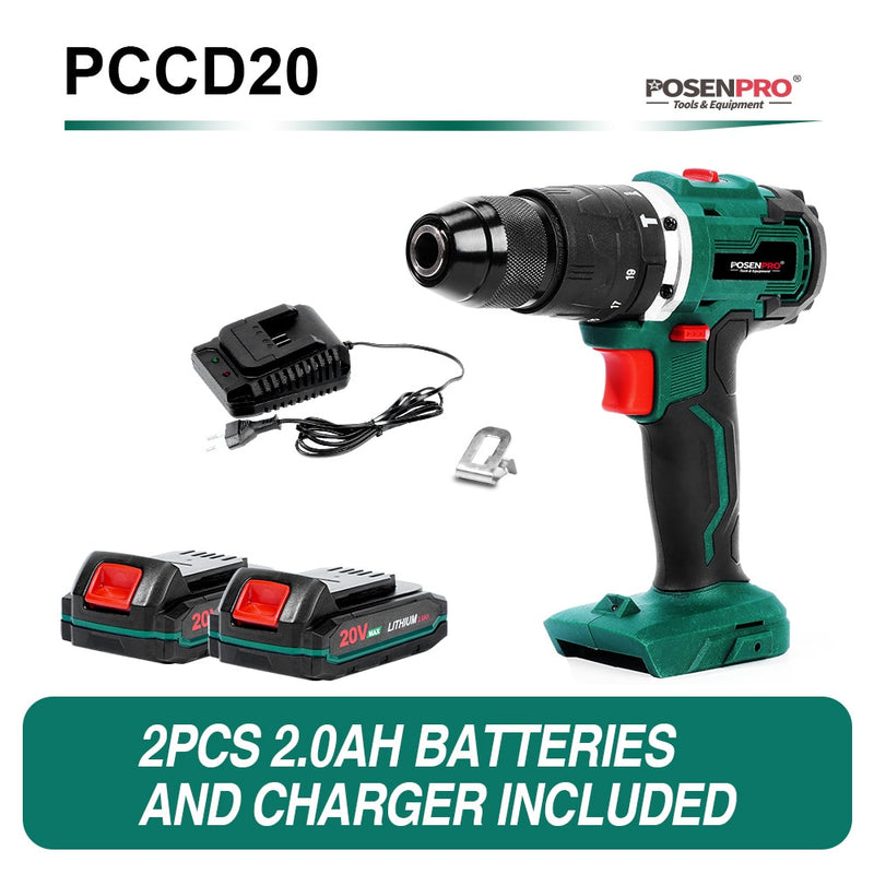 Electric Drill Brushless Cordless Drill 20V 1/2'' All Metal Chuck Cordless Drill Driver Battery 13MM Drill Keyless POSENPRO