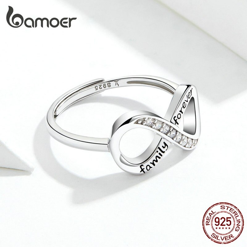 Bamoer 925 Sterling Silver Infinity Love Family Forever Finger Ring Adjustable Free Size Rings Fashion Clear CZ Jewelry SCR579