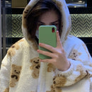 Cartoon Bear Lamb Wool Zip Up Hoodie Women's Sweatshirts Casual Oversized Brown Winter Clothes Women Jackets Cute Korean Coats