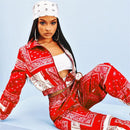 Bandana Print Two Piece Set Causal Paisley Print Long Sleeve Zippers Short Jacket Tops Jogger Pants Suit Outfit Street Tracksuit