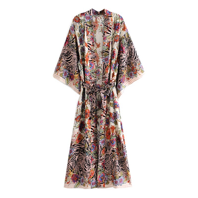 2021 Bohemia Locate Floral estampado largo Kimono camisa Hippie mujeres lazo corbata fajas cárdigan blusa suelta BOHO Tops vacaciones