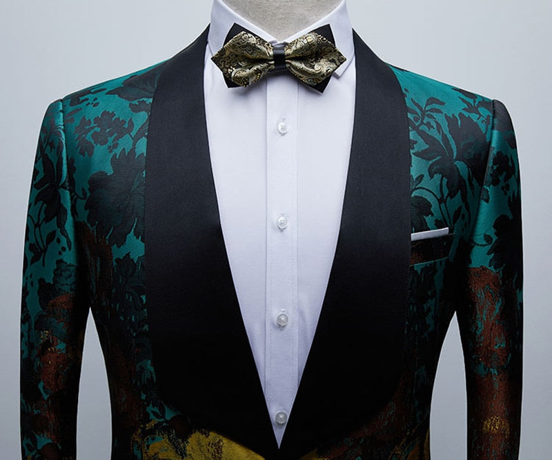 Herren Luxus Blumendruck Grün Kleid Blazer Ein Knopf Schal Revers Herren Smoking Anzug Jacke Abendessen Hochzeit Kostüm Homme