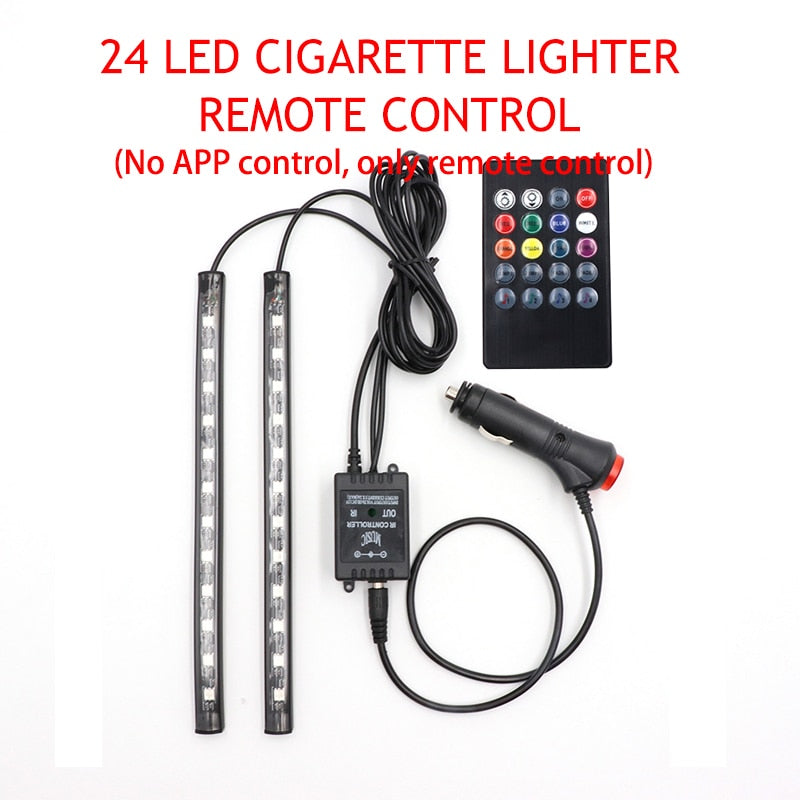 Luz LED para pie de coche, lámpara ambiental, aplicación USB, Control remoto de música, múltiples modos, luces decorativas interiores automotrices