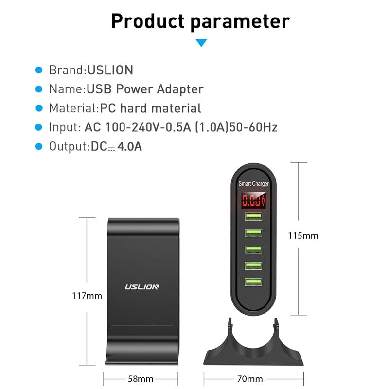 USLION USB Charger 5 Port LED Display Multi USB Phone Desktop EU US UK Plug With Digital Display Travel Wall Charger Adapter