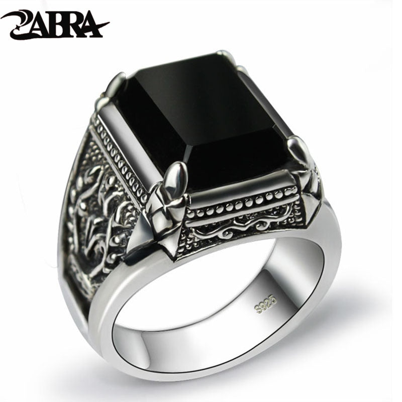 ZABRA Real 925 Silber Schwarz Zirkon Ring Für Männer Weiblich Gravierte Blume Männer Mode Sterling Thai Silber Schmuck Synthetischer Onyx