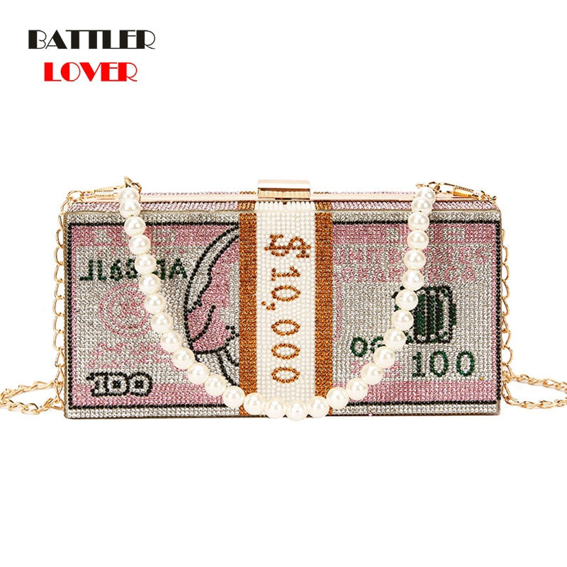 Stack of Cash Women Diamond Money Dinner Purses and Handbags Evening Clutch Bags for Female Chain Luxury Wedding Flaps Totes