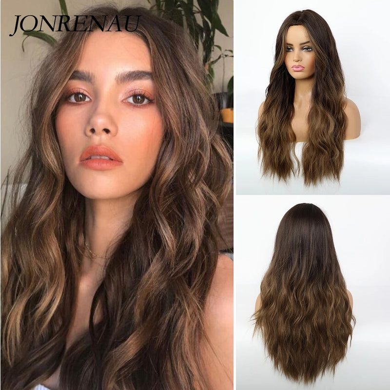 JONRENAU, pelucas sintéticas de color marrón oscuro con degradado de pelo de parte media y ondas naturales largas para mujer, peluca resistente al calor para uso diario en Cosplay